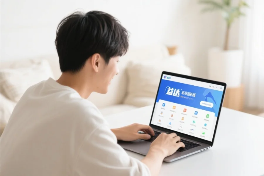 一位年轻用户在明亮舒适的室内环境中愉快地使用笔记本电脑，屏幕上展示先锋客户端新版界面